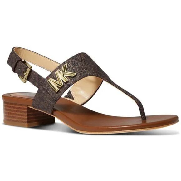 Michael Kors MK Signature Brown Jilly T Strap Thongs Sandals Shoes 7 9.5 10 NIB - Picture 1 of 5
